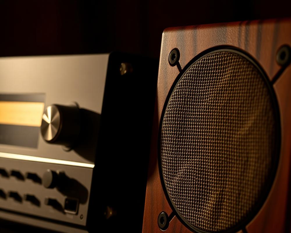 Hi-Fi-Verstärker und Lautsprecher im warmen Licht