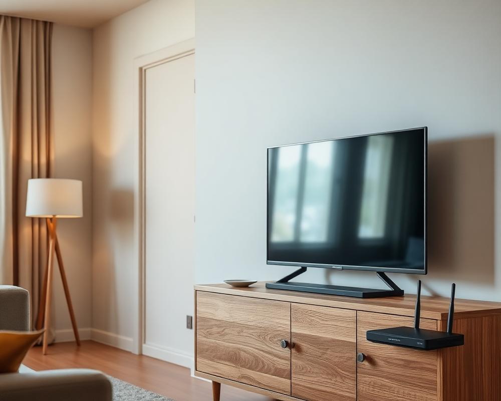 Fernseher und Router in einem ruhigen Wohnzimmer